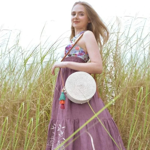 Round Wicker Rattan Hand Woven Crossbody Shoulder Purse Beach Bags leather strap - Picture 4 of 5